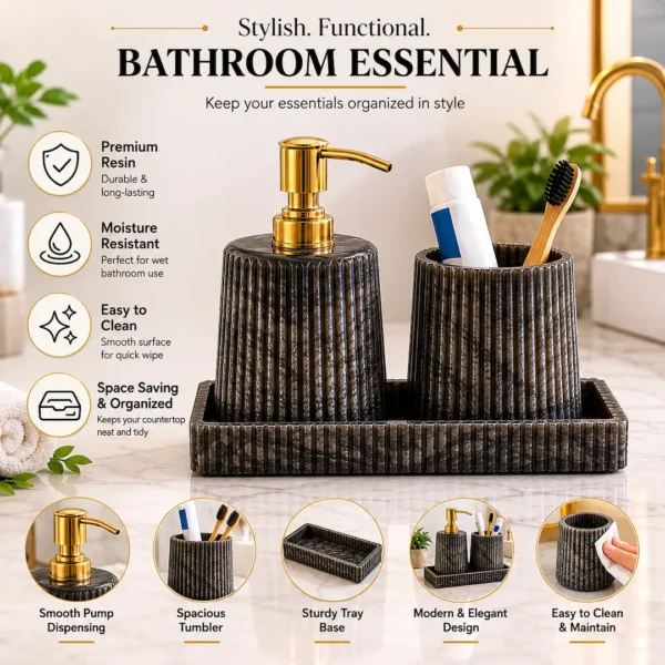 Resin Charcoal Finish Bathroom Countertop Accessory Set 4 Resin Charcoal Finish Bathroom Countertop Accessory Set