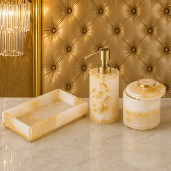 Resin Gold Foil Bathroom Accessory Set 2 Resin Gold Foil Bathroom Accessory Set | Soap Dispenser Set for Bathroom with Tray & Canister