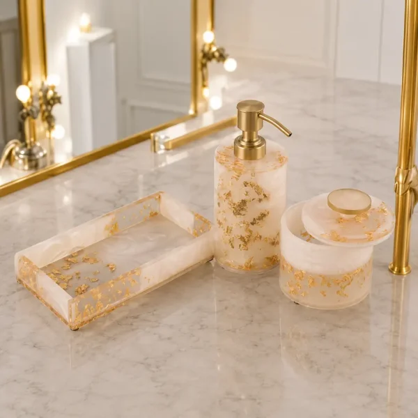 Resin Gold Foil Bathroom Accessory Set 3 Resin Gold Foil Bathroom Accessory Set | Soap Dispenser Set for Bathroom with Tray & Canister