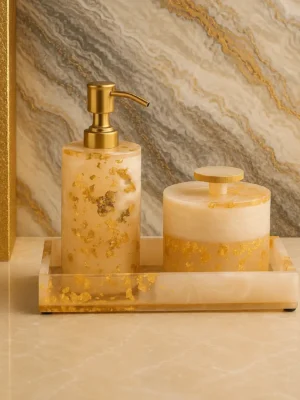 Resin Gold Foil Bathroom Accessory Set | Soap Dispenser Set for Bathroom with Tray & Canister