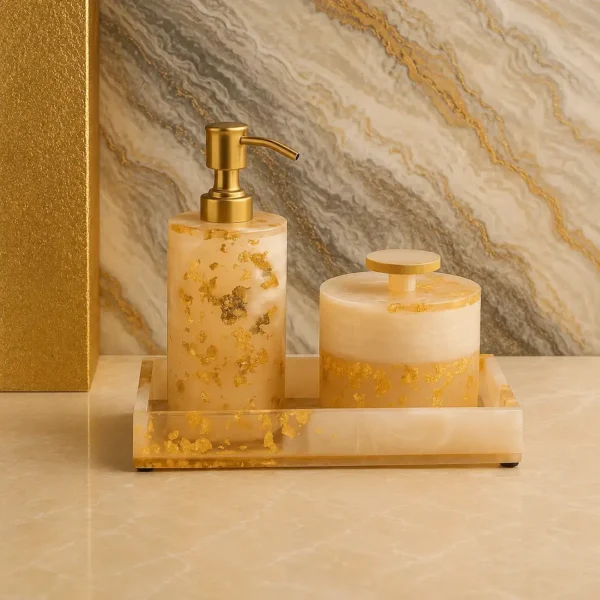 Resin Gold Foil Bathroom Accessory Set Resin Gold Foil Bathroom Accessory Set | Soap Dispenser Set for Bathroom with Tray & Canister