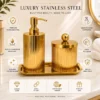 Vertical Ribbed Bath Set Gold Stainless Steel Bathroom Accessories Set with Soap Dispenser, Storage Canister & Tray