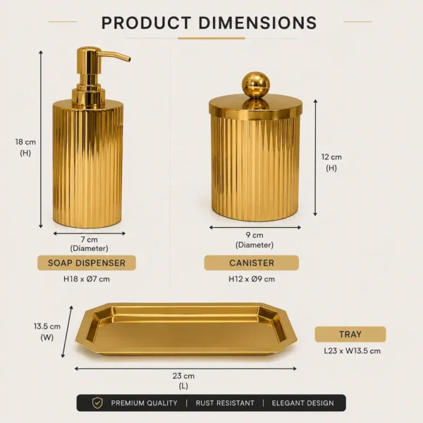 Vertical Ribbed Bath Set 2 Gold Stainless Steel Bathroom Accessories Set with Soap Dispenser, Storage Canister & Tray