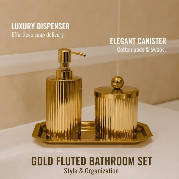 Vertical Ribbed Bath Set 4 Gold Stainless Steel Bathroom Accessories Set with Soap Dispenser, Storage Canister & Tray