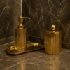 Vertical Ribbed Bath Set 5 Gold Stainless Steel Bathroom Accessories Set with Soap Dispenser, Storage Canister & Tray