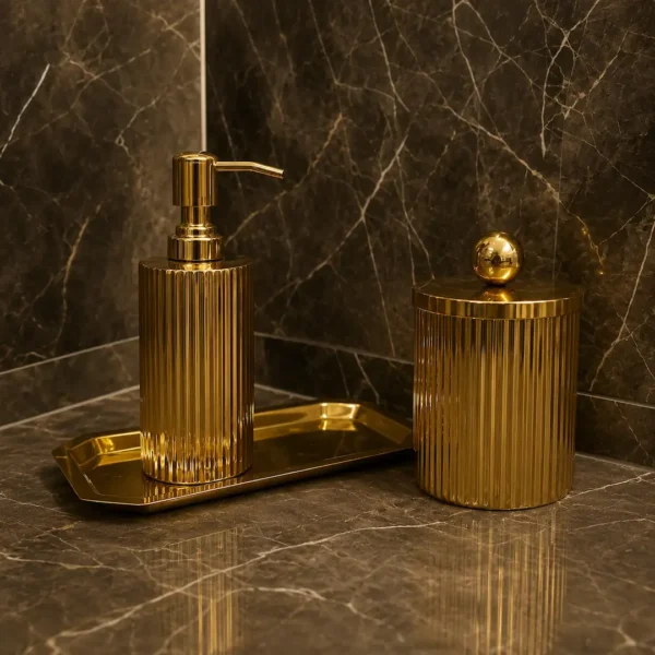 Vertical Ribbed Bath Set 5 Gold Stainless Steel Bathroom Accessories Set with Soap Dispenser, Storage Canister & Tray