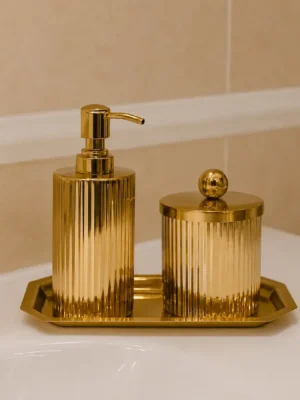 Gold Stainless Steel Bathroom Accessories Set with Soap Dispenser, Storage Canister & Tray
