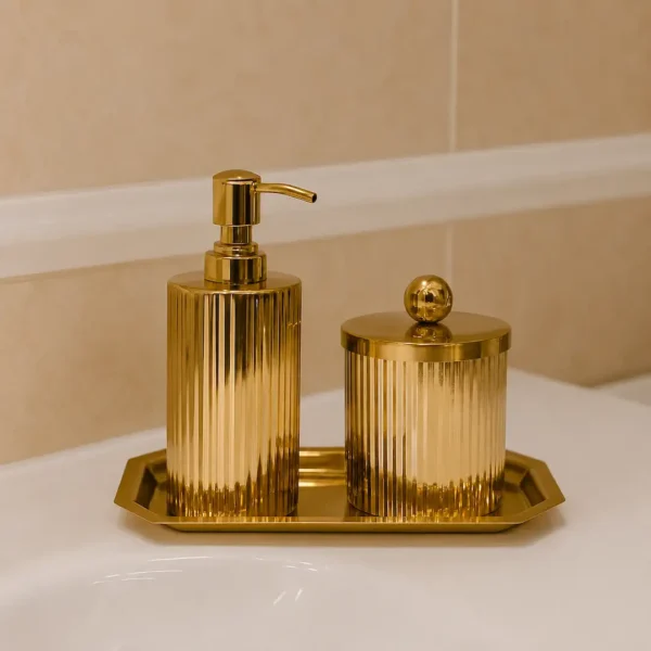 Vertical Ribbed Bath Set 6 Gold Stainless Steel Bathroom Accessories Set with Soap Dispenser, Storage Canister & Tray
